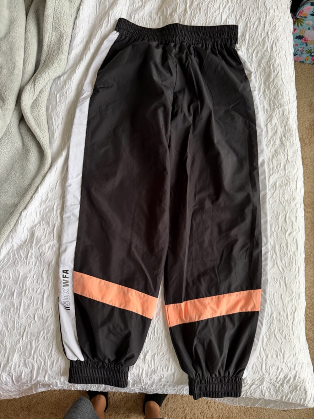 White Fox Boutique Black Sweatpants with Peach and White Side Panels